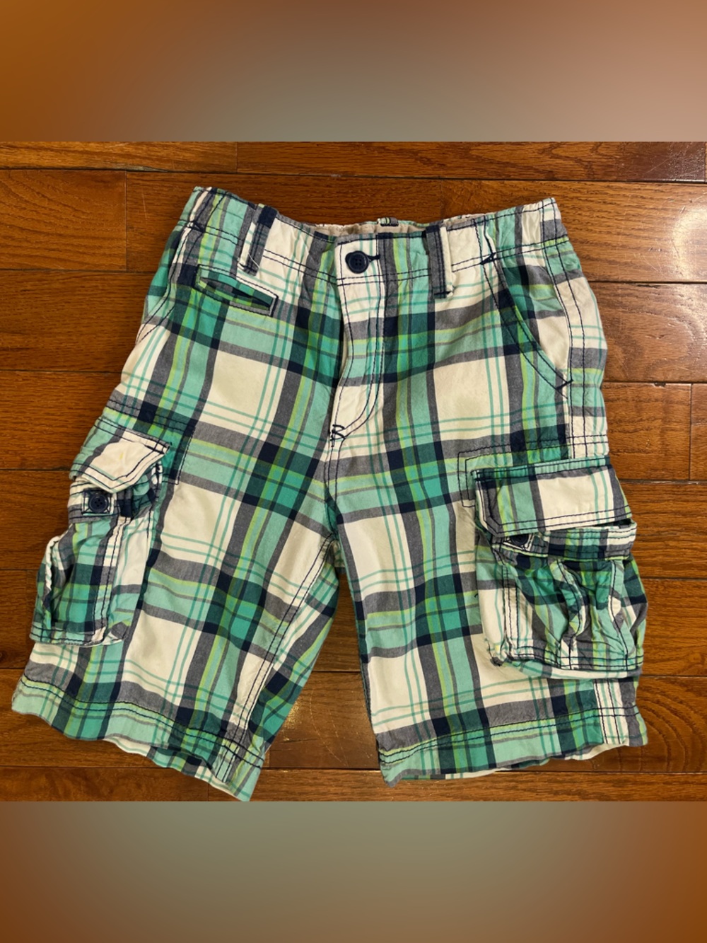 Gap Kids Plaid Cargo Shorts Green Blue Boys 10 Utility Summer Cotton